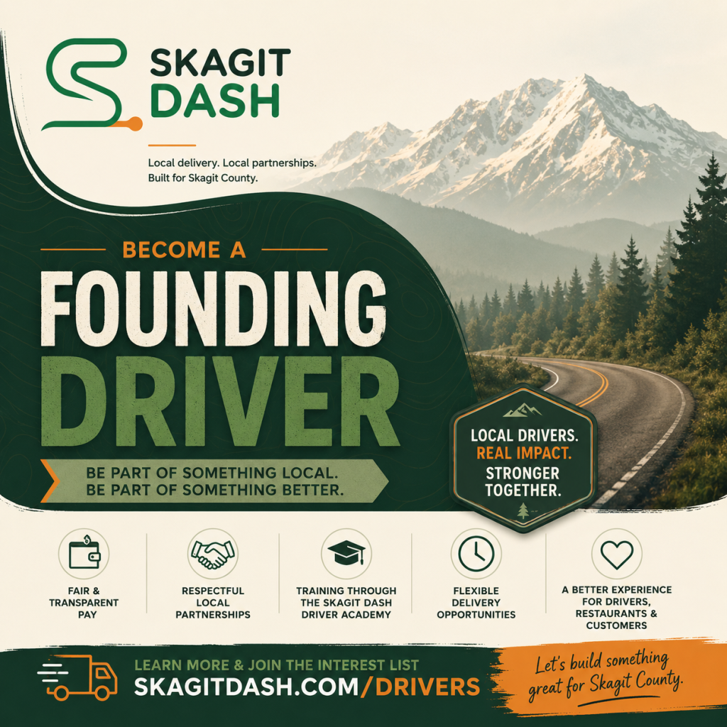 Skagit Dash Founding Driver recruitment graphic featuring a Skagit County mountain road and local driver benefits.