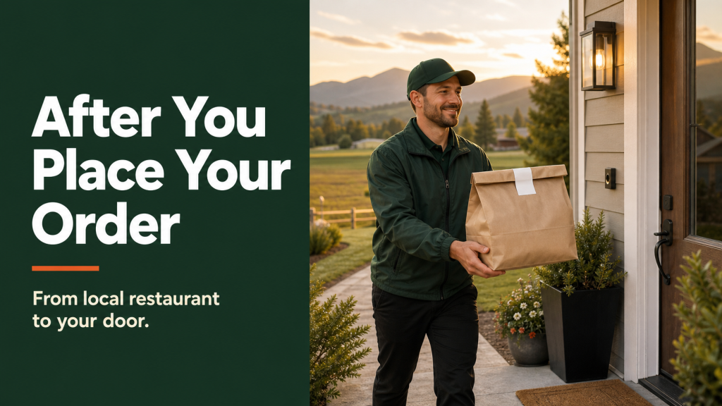 Skagit Dash driver delivering a sealed local restaurant order to a customer