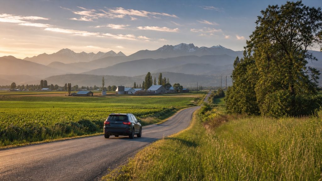Car driving through Skagit County farmland for Skagit Dash Founding Drivers