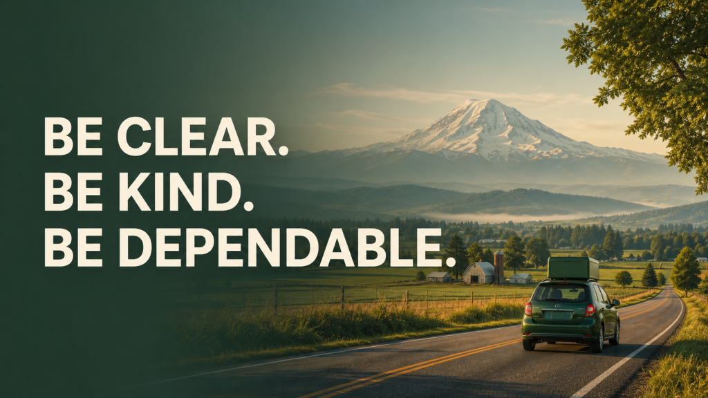 Skagit County landscape with a local delivery car and the words Be Clear. Be Kind. Be Dependable.