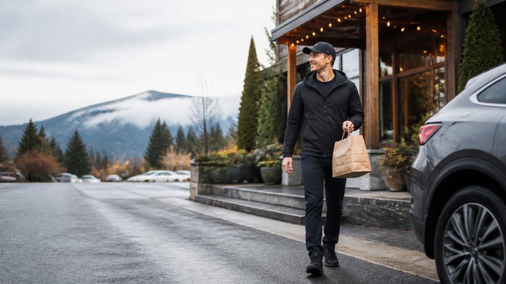 Skagit Dash delivery driver carrying a restaurant order to a vehicle in a Pacific Northwest community.