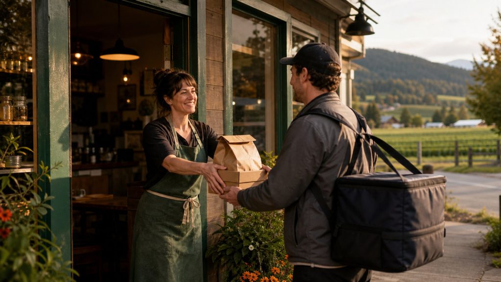 Skagit County restaurant owner handing a takeout order to a local delivery driver