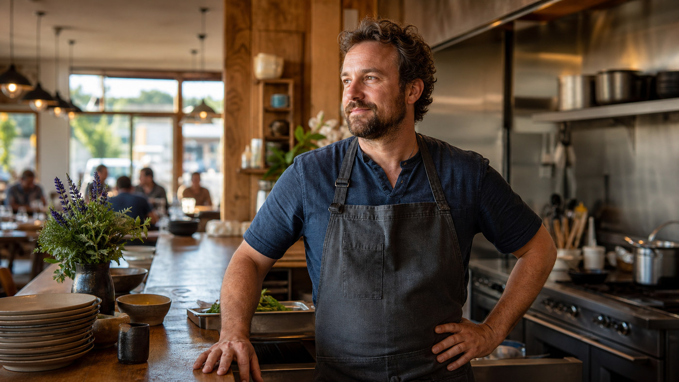 Local Skagit County restaurant owner inside a warm restaurant kitchen