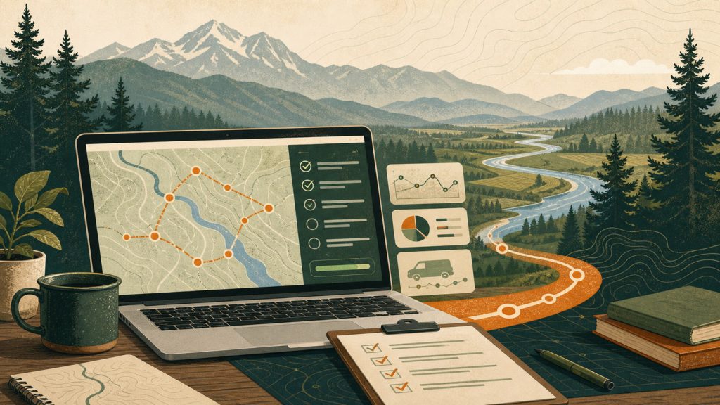 Illustrated Skagit Valley landscape with a laptop displaying fleet software routes and testing checklists for Skagit Dash.