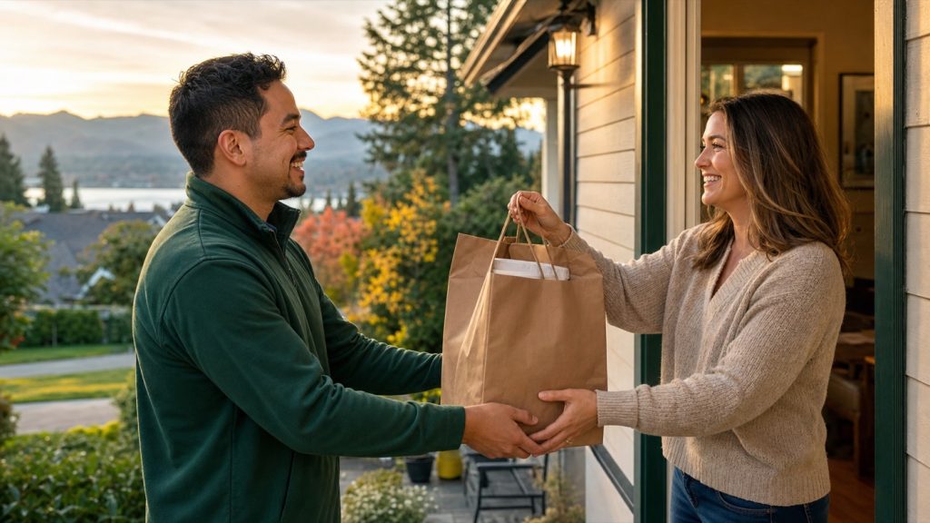 Local delivery driver handing a restaurant order to a customer at her doorway