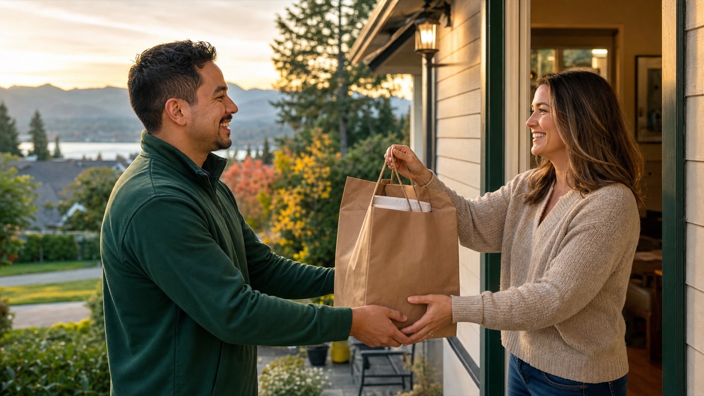Local delivery driver handing a restaurant order to a customer at her doorway