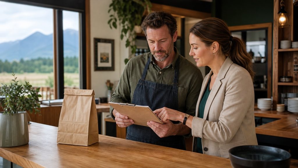 Restaurant owners reviewing delivery options on a tablet
