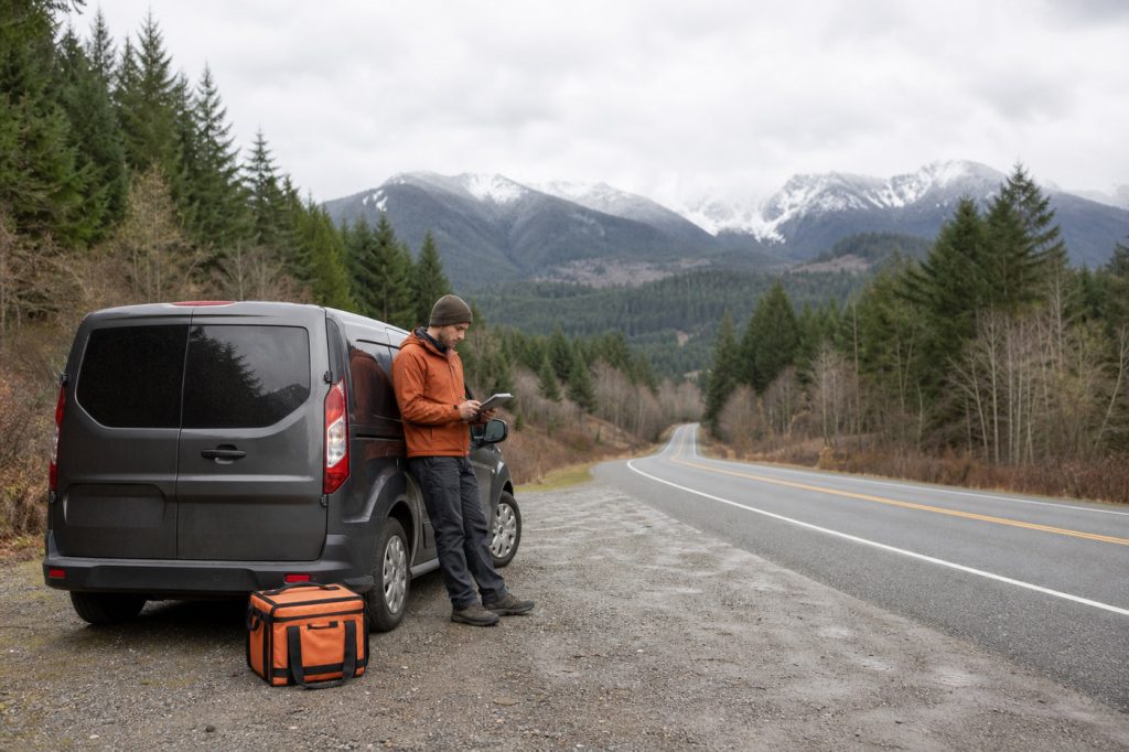 Skagit Dash delivery driver reviewing an Upriver Skagit County route before traveling