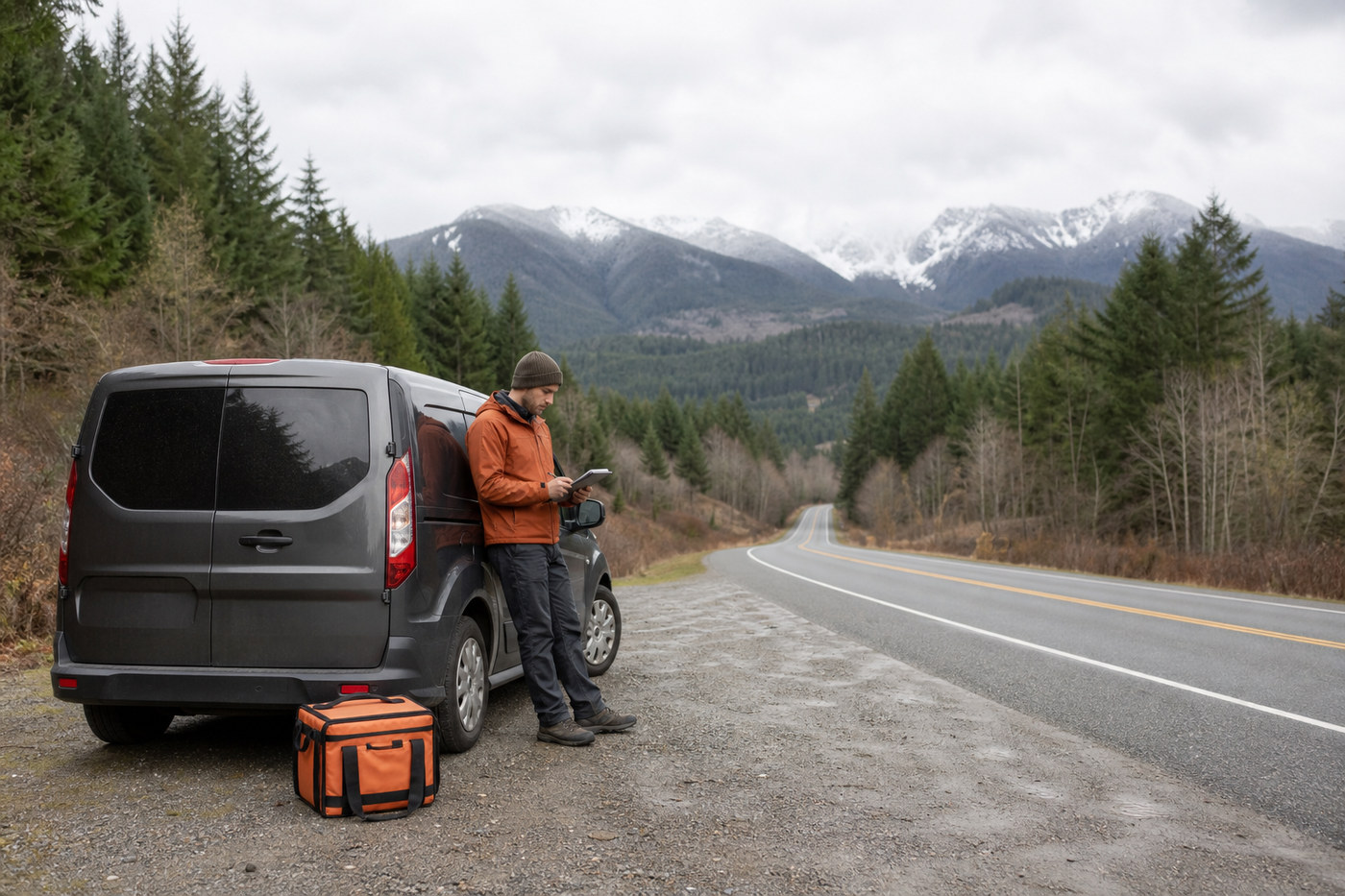 Skagit Dash delivery driver reviewing an Upriver Skagit County route before traveling